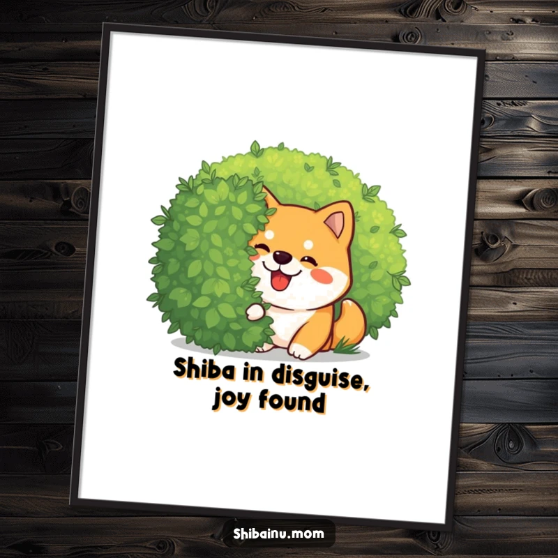 Funny Free Printable Wall Art: Mischievous Kawaii Shiba Inu giggling while peeking from behind a bush, adding a playful touch.
