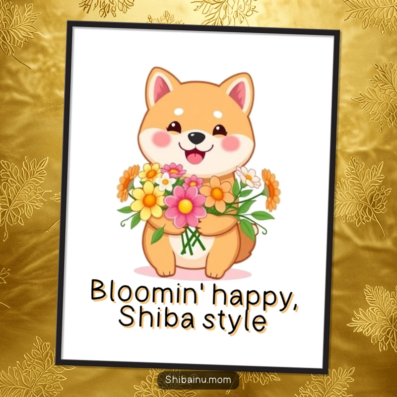 Funny Free Printable Wall Art: Adorable Kawaii Shiba Inu holding a generous bouquet of vibrant, cheerful flowers, bringing joy.