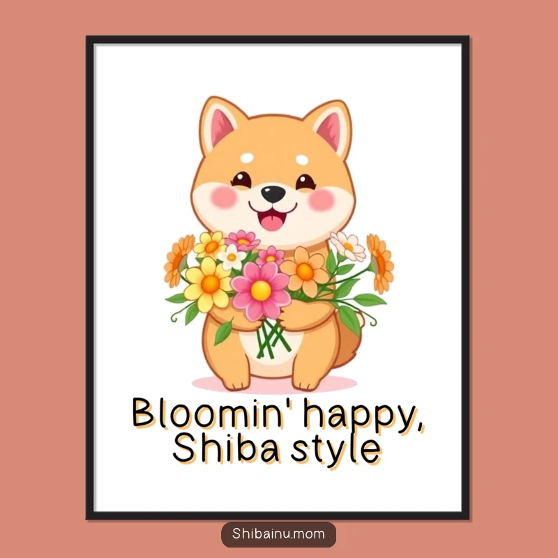 Free Printable Wall Art: Happy Shiba Inu with Flowers, Cheerful Downloadable Decor