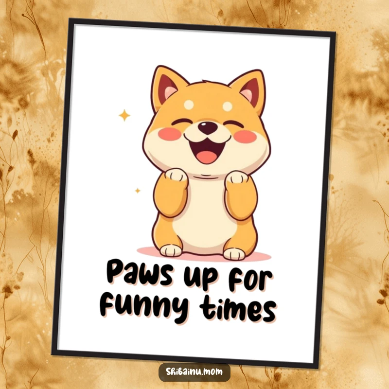 Funny Free Printable Wall Art: Kawaii Shiba Inu with paws up, laughing heartily, bringing infectious joy to your decor.