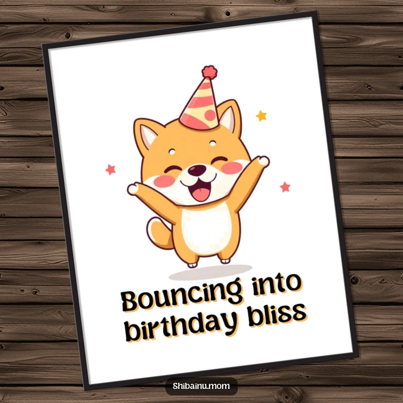 Funny Free Printable Wall Art: Kawaii Shiba Inu wearing a party hat, bouncing with pure excitement for a festive feel.