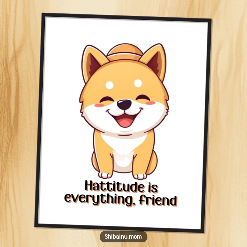 Funny Free Printable Shiba Inu Wall Art: A Shiba Inu wears a comically oversized hat, grinning broadly, full of personality.