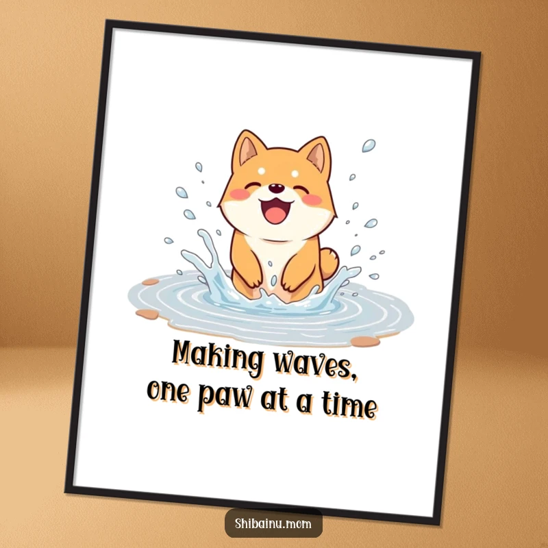 Funny Free Printable Wall Art: A Shiba Inu joyfully splashing in a puddle, water droplets flying, playful decor.