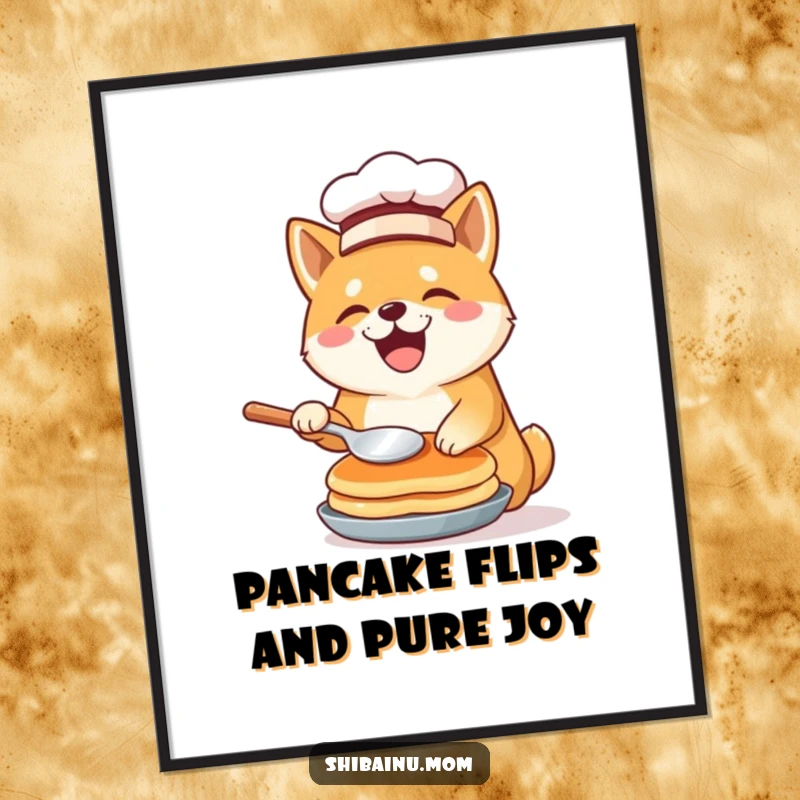 Free printable wall art depicting a Shiba Inu wearing a chef hat, joyfully flipping a pancake in mid-air.