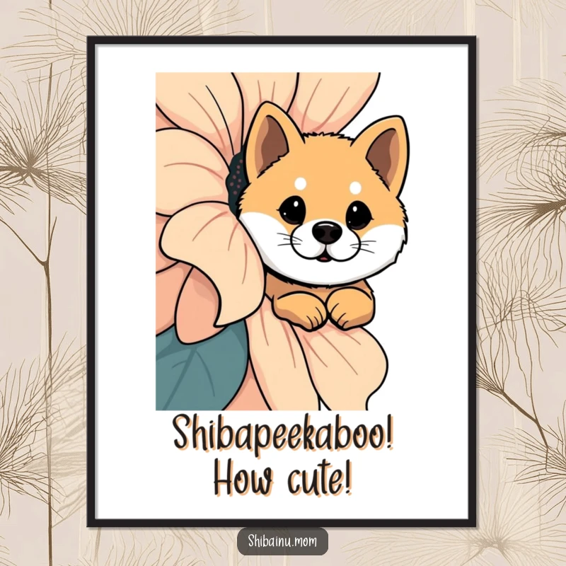 Funny Free Printable Wall Art: A Shiba Inu peeks with inquisitive eyes from behind an oversized, cheerful flower.