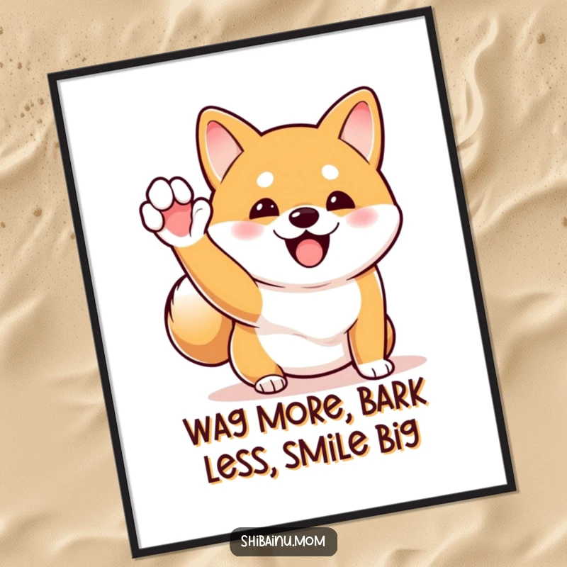 Funny Free Printable Wall Art capturing an excited Shiba Inu waving a tiny paw with its tail wagging rapidly in pure delight.