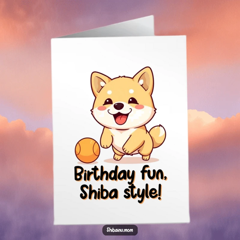 Funny Free Printable Birthday Card: A Shiba Inu with floppy ears enthusiastically dribbling a small ball.