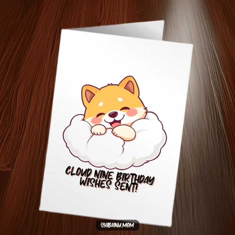 Funny Free Printable Birthday Card: Shiba Inu joyfully hugging a huge fluffy cloud, pure canine bliss.