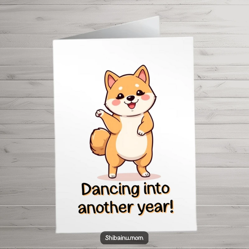 Funny Free Printable Birthday Card: A joyful Shiba Inu striking a unique dance pose with one leg lifted high in celebration.