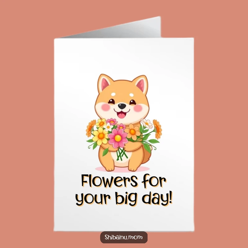 Free Printable Birthday Card: Flower-Holding Shiba Inu, Lovely Downloadable Gift