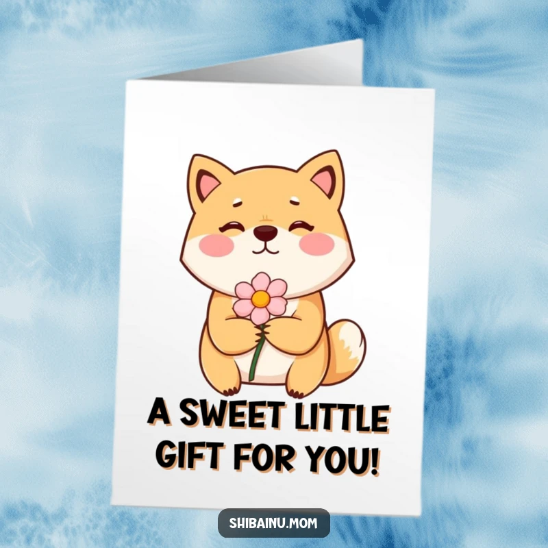 Funny Free Printable Bashful Shiba Inu Birthday Card, a shy dog with rosy cheeks handing a flower, sweet birthday wishes, printable dog card.