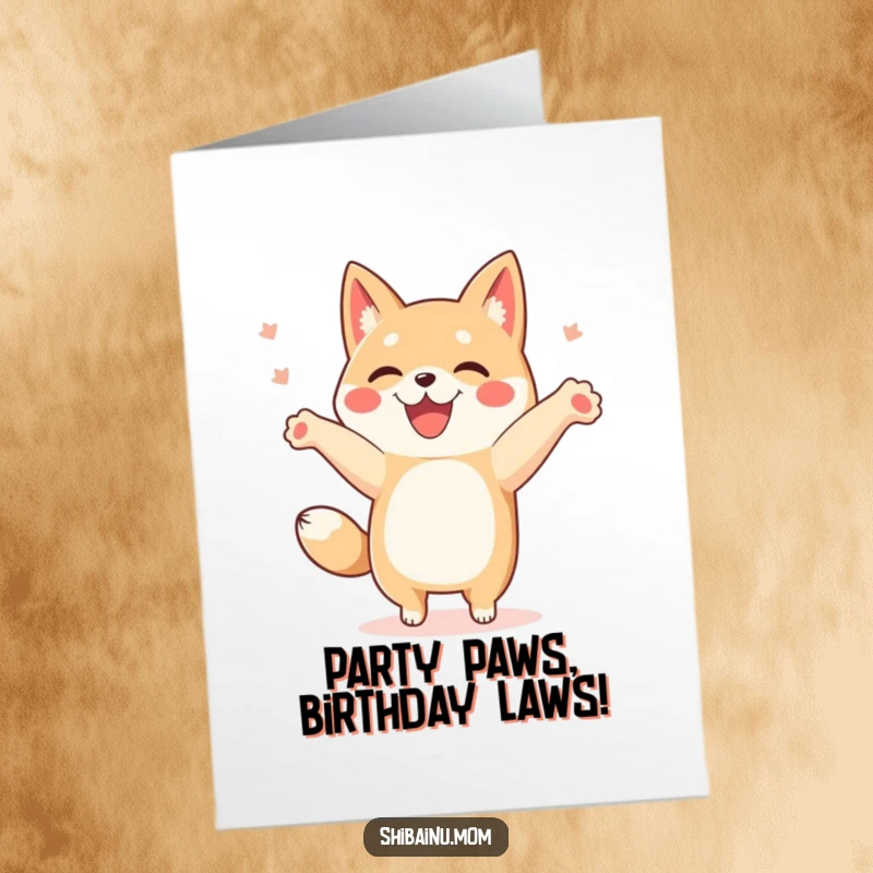 Funny Free Printable Birthday Card: Joyful Shibainu doing a happy dance with paws in the air, a celebratory downloadable message.