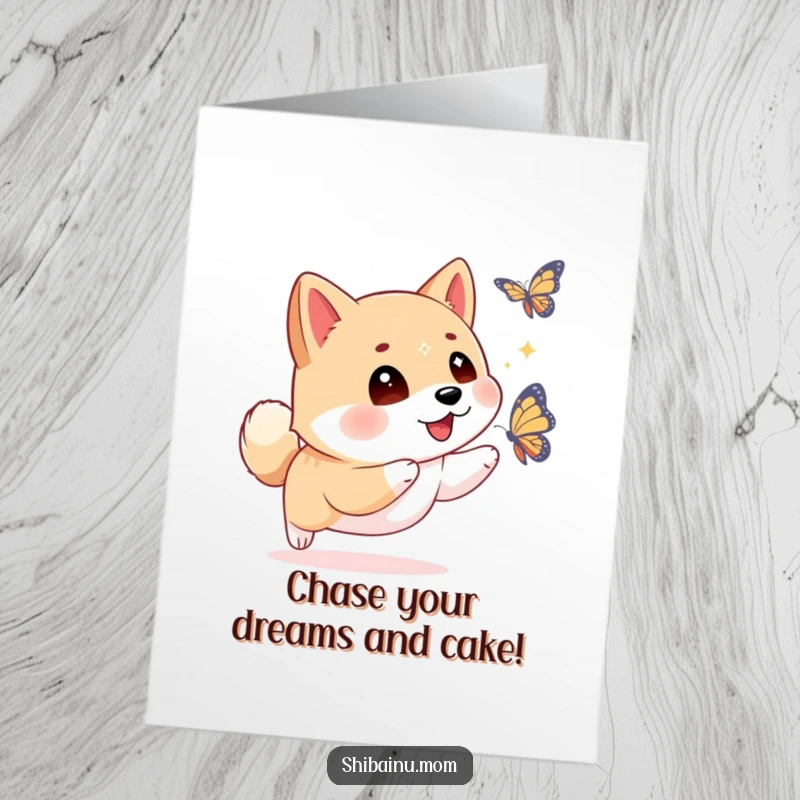 Funny free printable birthday card of a Shiba Inu with wide, sparkling eyes, playfully chasing a fluttering butterfly.