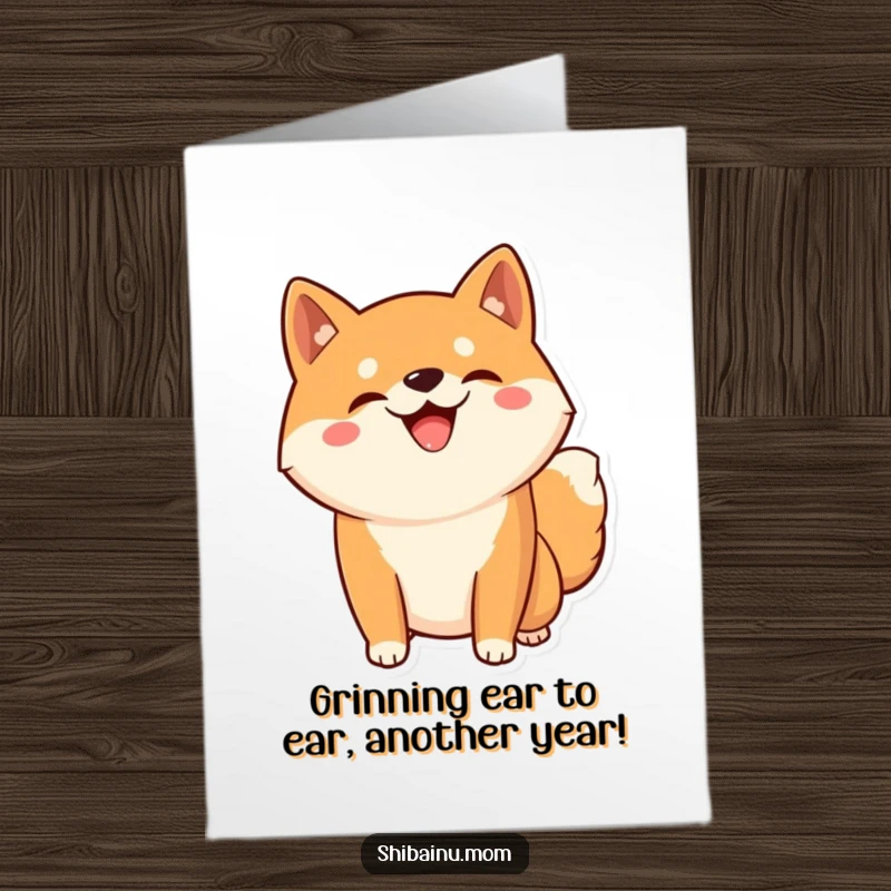 Funny free printable Kawaii Shiba Inu card, sporting a wide silly grin and striking a playful pose for a birthday.