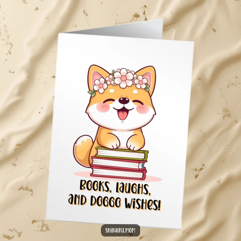 Funny Free Printable Birthday Card: Adorable Shiba Inu giggling joyfully while balancing a tall stack of books with a flower crown.