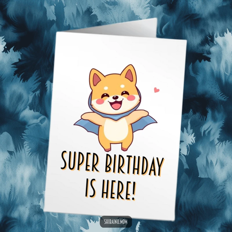 Funny Free Printable Birthday Card: Shiba Inu dog wearing a tiny cape, joyfully soaring through the sky.