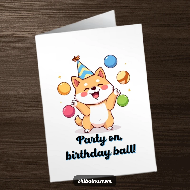Funny Free Printable Birthday Card: A happy Shiba Inu wearing a party hat excitedly juggles three colorful balls, celebrating birthdays.