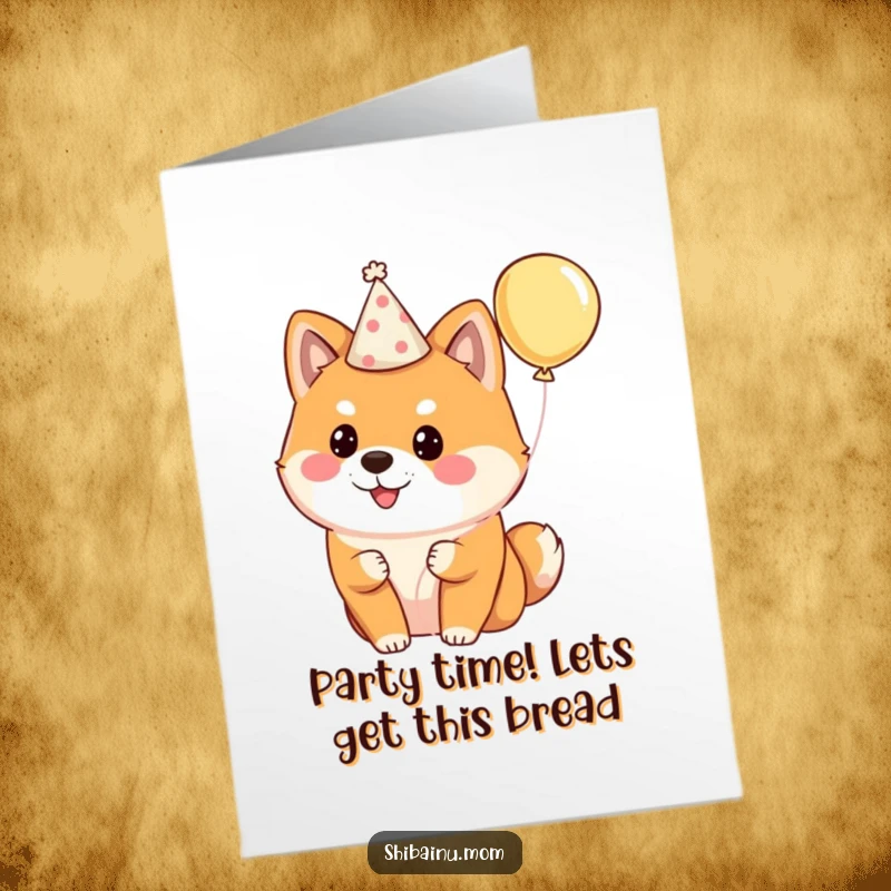 Funny Free Printable Shiba Inu Birthday Card: A fluffy dog in a party hat holding a balloon, ready to celebrate your birthday.