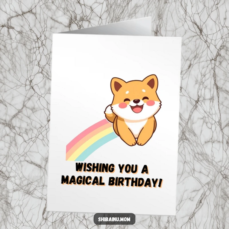 Free Printable Birthday Card: A smiling Shiba Inu gleefully slides down a bright, colorful rainbow.