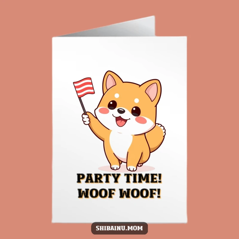 Free Printable Shiba Inu Birthday Card: Waving Flag, Cheerful Dog, Downloadable Fun