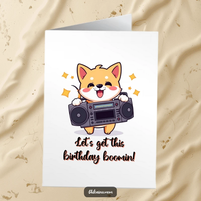 Funny Free Printable Birthday Card: A Shiba Inu energetically bopping its head while holding a retro boombox, ready to celebrate.