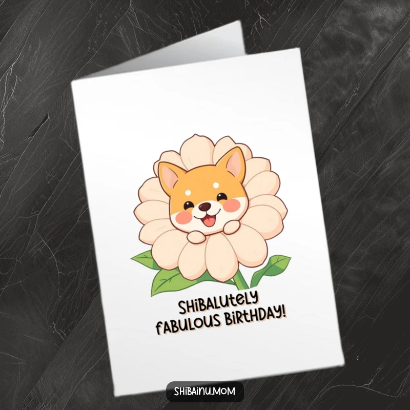 Funny Free Printable Birthday Card featuring a cute Shiba Inu peeking from behind a giant, smiling flower.