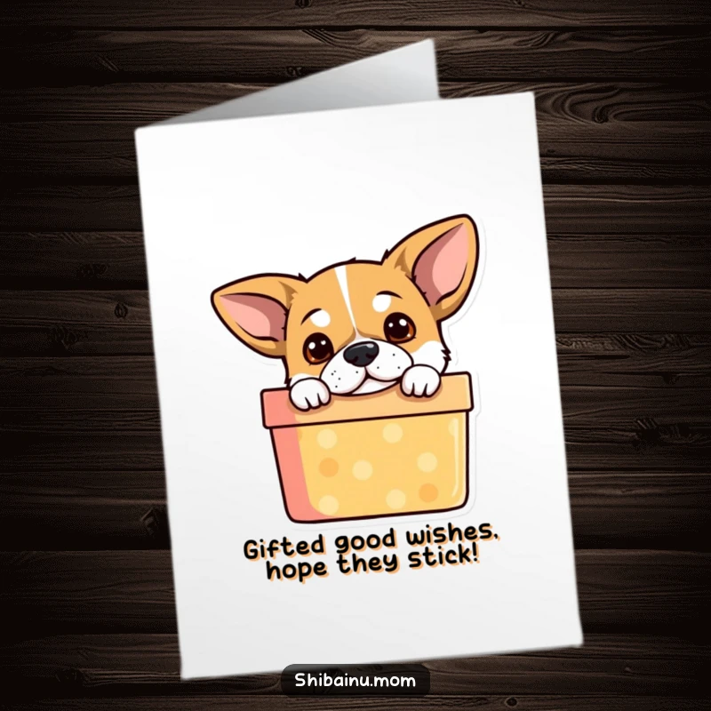 Funny Free Printable Birthday Card: Alert dog peeking out of a colorful gift box, full of birthday surprise and humor.