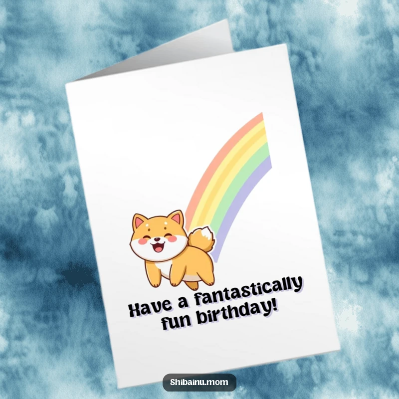 Funny Free Printable Giggling Shiba Inu Birthday Card, a dog sliding down a rainbow with glee, joyful birthday wishes, printable dog card.