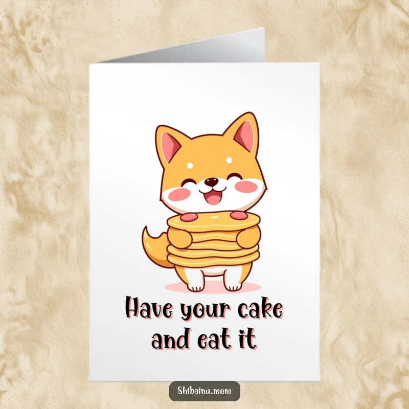 Funny Free Printable Birthday Card: A smiling Shiba Inu proudly carrying a tall stack of delicious pancakes, ready to party.