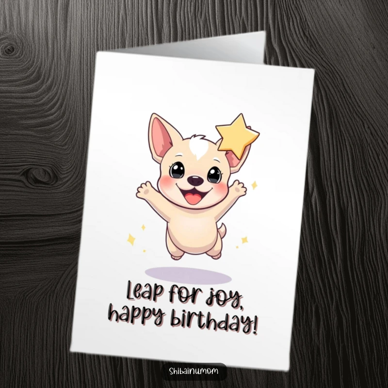 Funny Free Printable Birthday Card: Tiny dog with pointed ears joyfully leaping high with a bright star.