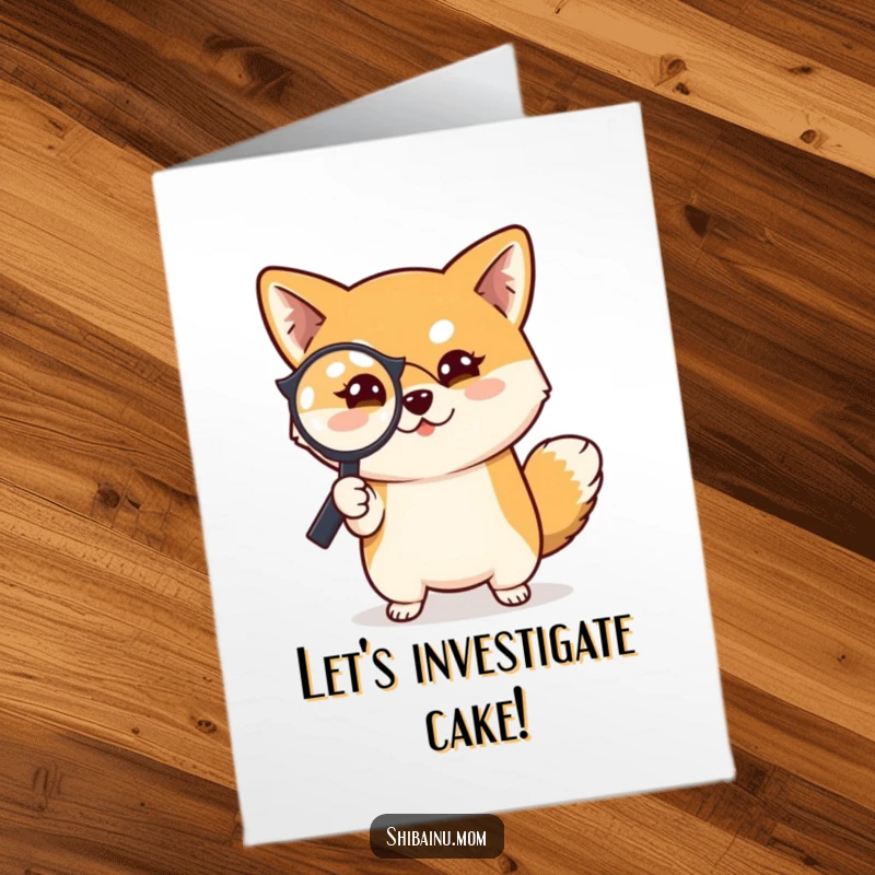 Funny Free Printable Birthday Card: Shiba Inu dog holding a magnifying glass, looking slyly mischievous.