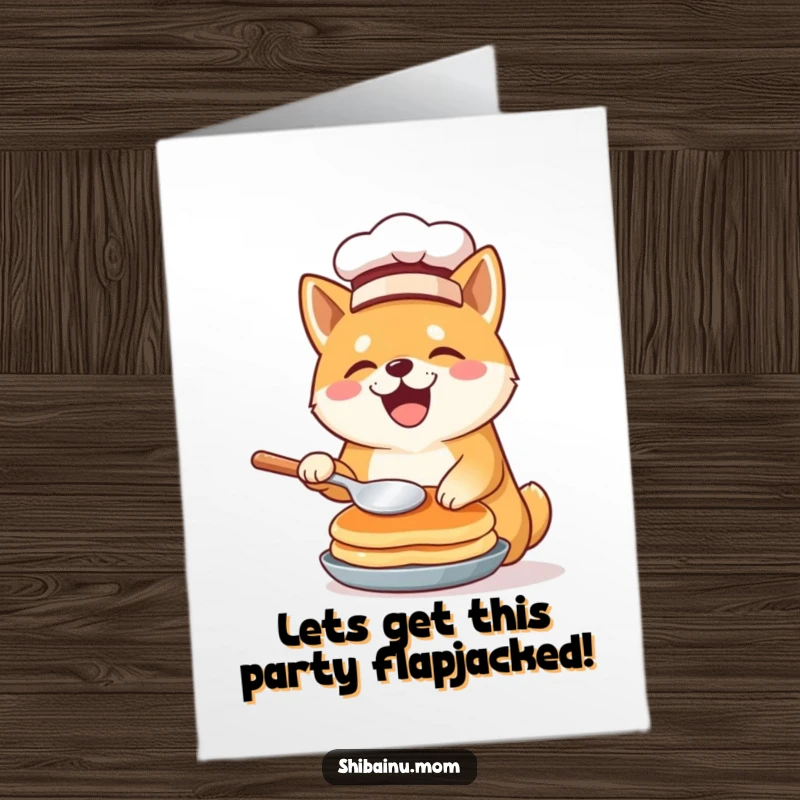 Funny free printable birthday card of a Shiba Inu in a chef hat, joyfully flipping a pancake mid-air.