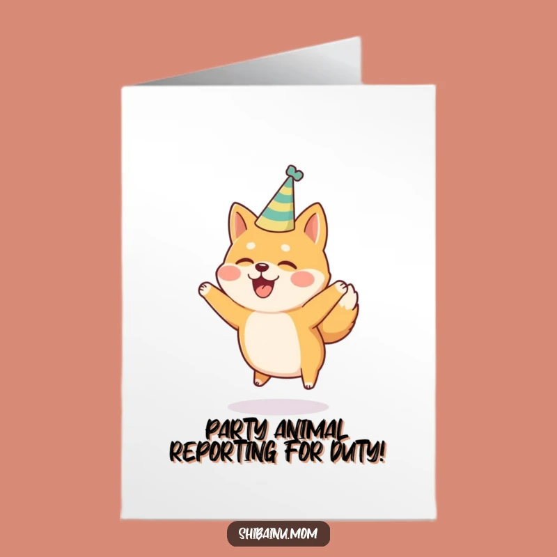 Free Printable Shiba Inu Birthday Card: Party Hat Joyful Jump Funny Gift