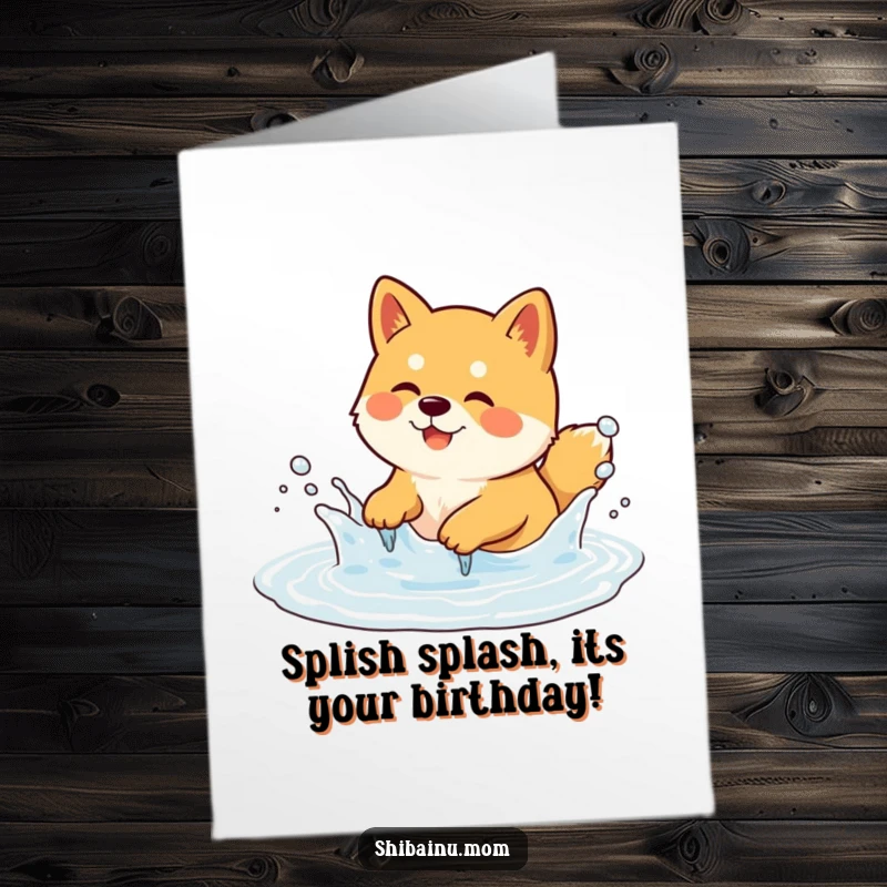 Funny Free Printable Shiba Inu Birthday Card: a happy dog joyfully splashing in a bubbly puddle on their birthday.