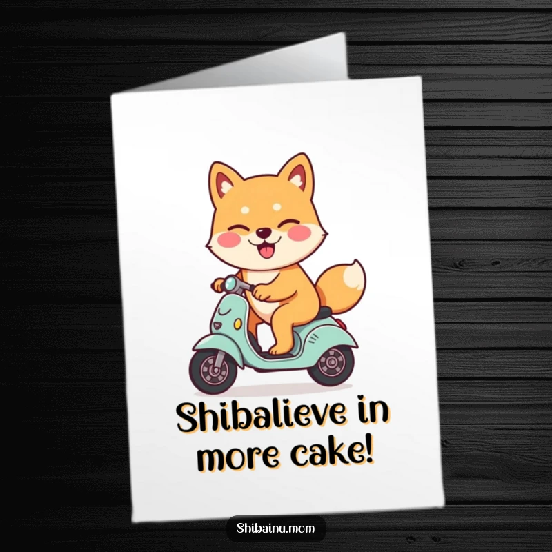 Funny Free Printable Shiba Inu Birthday Card: A happy Shiba Inu winks cheekily while cruising on a miniature scooter.