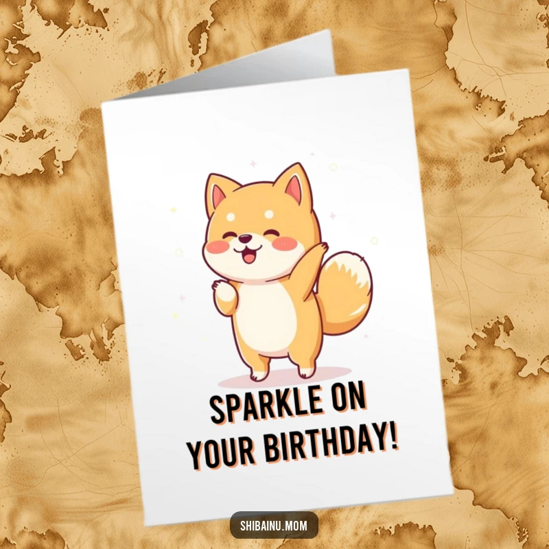 Funny Free Printable Birthday Card featuring a Shiba Inu doing a joyful little dance with colorful sparkles floating around it.