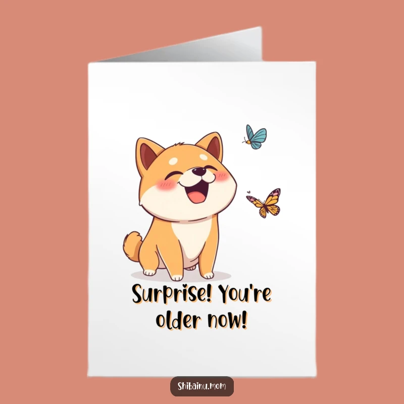 Free Printable Birthday Card: Giggling Shiba Inu, Funny Butterfly Gift