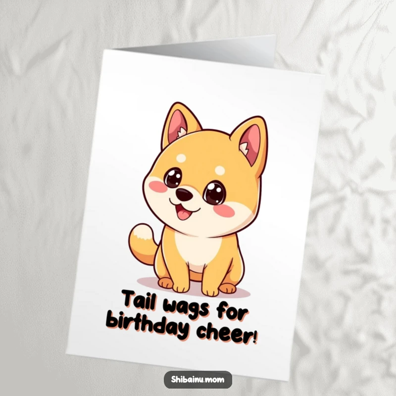 Funny Free Printable Birthday Card: Kawaii Shiba Inu with big eyes joyfully wagging its tail, celebrating a happy birthday.