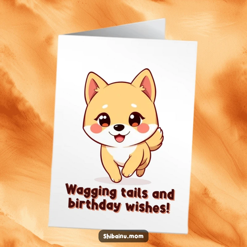 Funny Free Printable Birthday Card: A wide-eyed Shiba Inu winks while hilariously chasing its tail in a cartoon style.