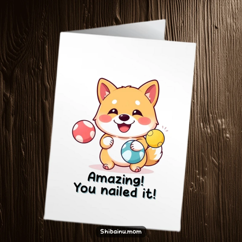 Funny Free Printable Congratulations Card: A Shiba Inu with a happy face juggles three colorful balls with ease.