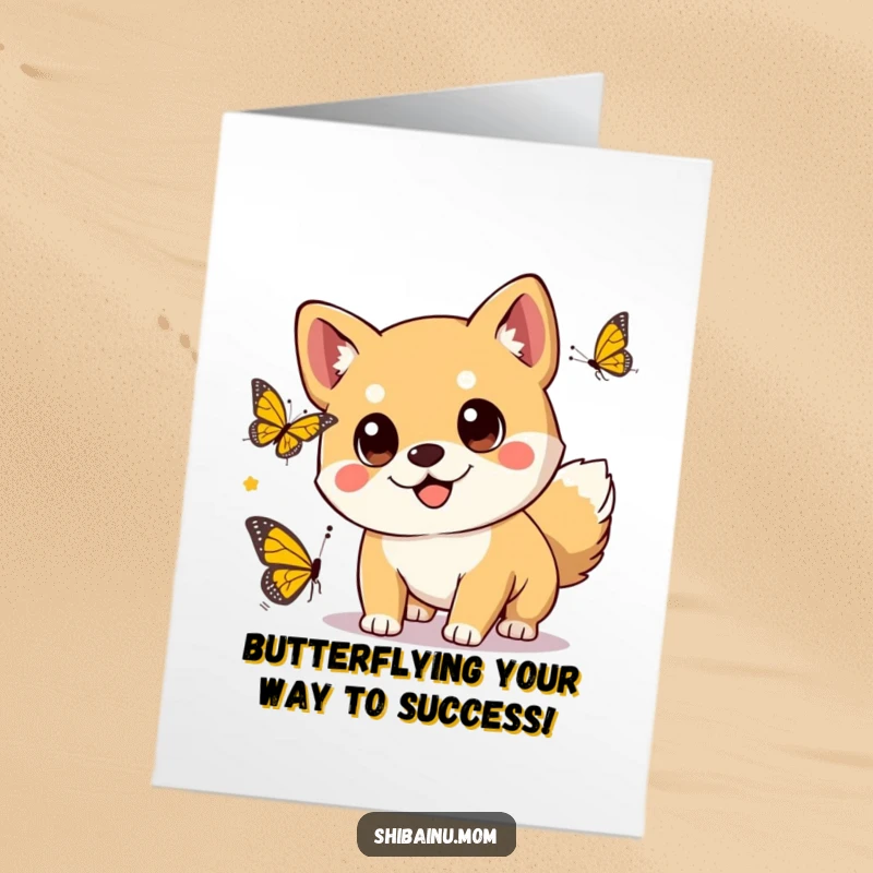 Funny Free Printable Congratulations Card: Kawaii Shiba Inu with large eyes joyfully pursuing a butterfly.