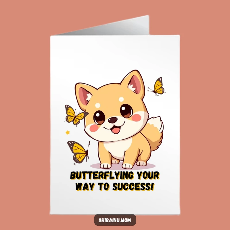 Free Printable Kawaii Shiba Congrats Card: Chasing Butterfly Fun, Downloadable Celebration