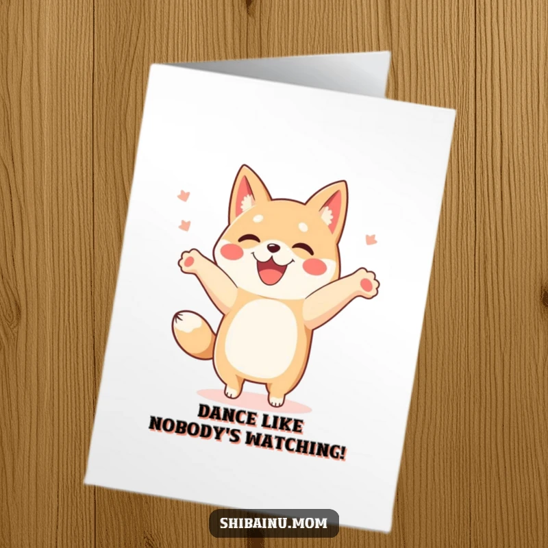 Funny Free Printable Congratulations Card: Happy Shibainu doing a joyful dance with paws in the air, a festive downloadable message.