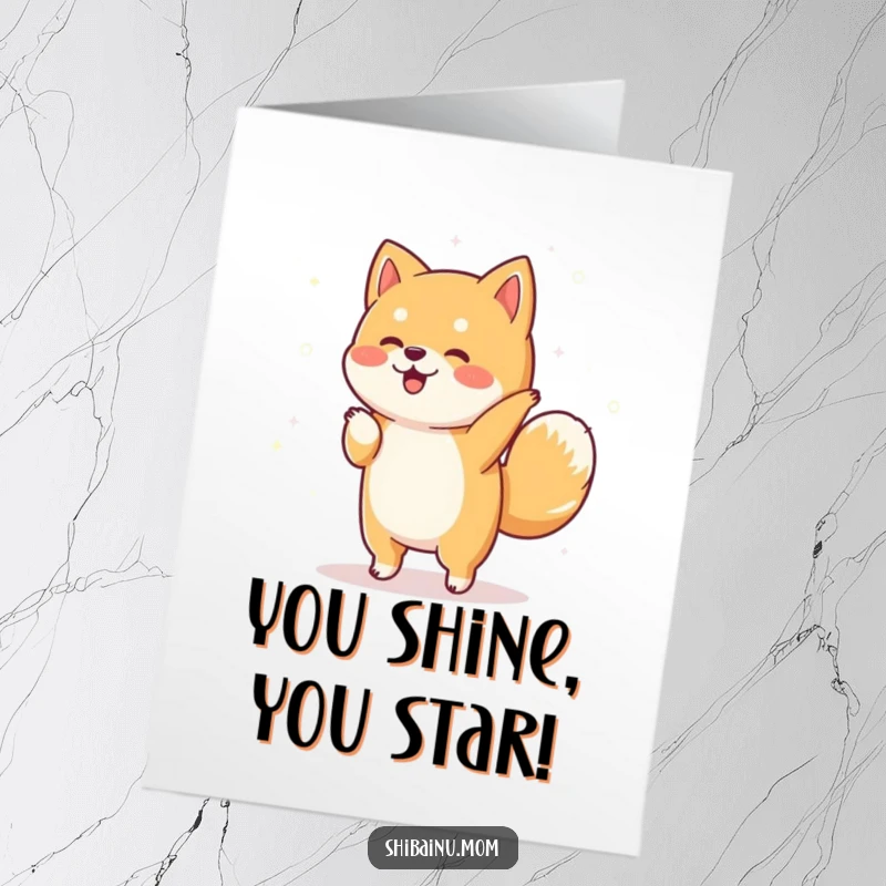 Funny Free Printable Congratulations Card showing a Shiba Inu happily dancing with a shower of celebratory sparkles.
