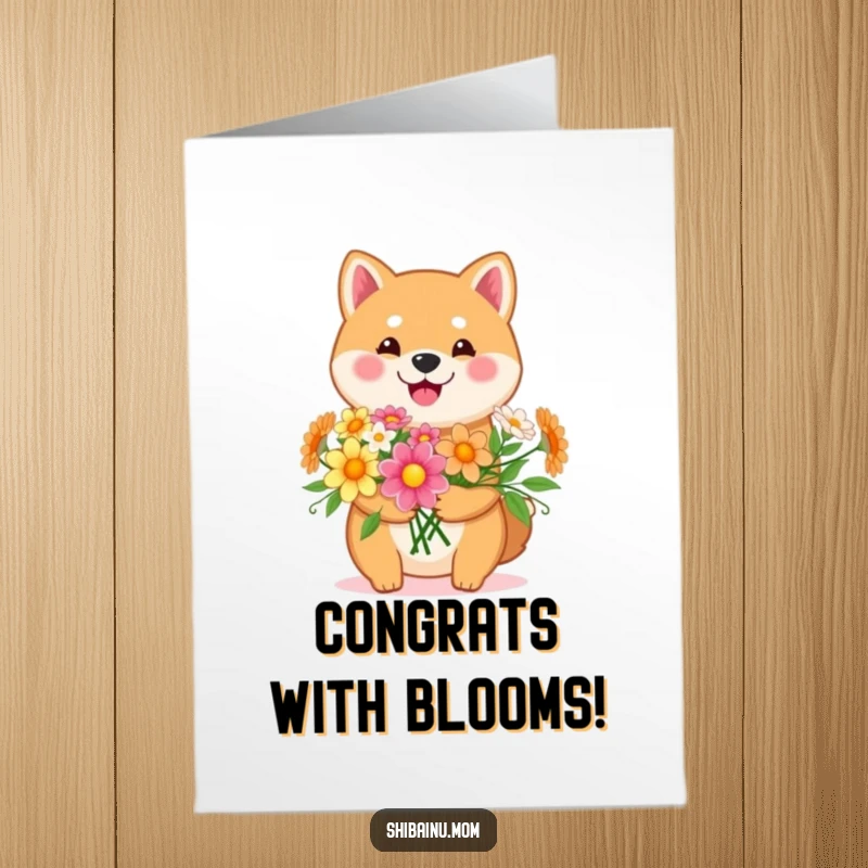 Funny Free Printable Congratulations Card: A smiling Kawaii Shiba Inu holding a cheerful bouquet of colorful flowers, celebrating a win.