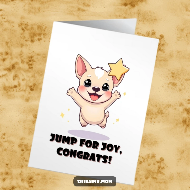 Funny Free Printable Congratulations Card: Tiny dog with pointed ears leaping with pure joy towards a bright star.
