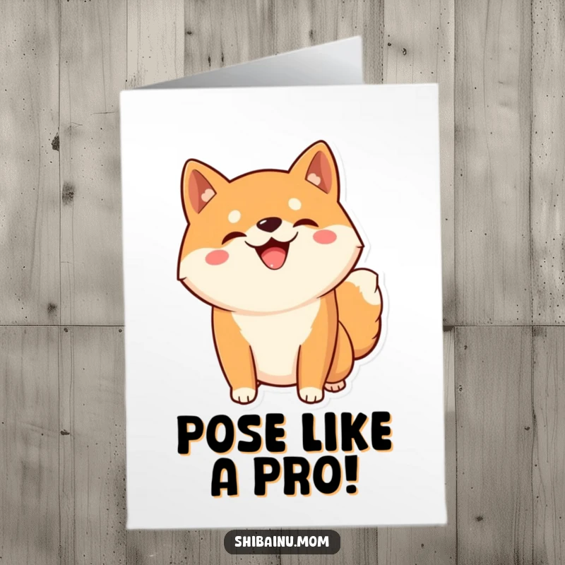 Funny free printable Kawaii Shiba Inu card, striking a playful pose with a silly grin, celebrating a big win.