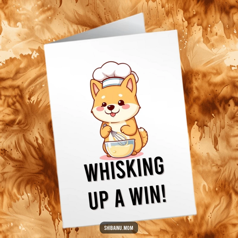 Funny Free Printable Congratulations Card: Shiba Inu chef in a hat joyfully whisking batter.