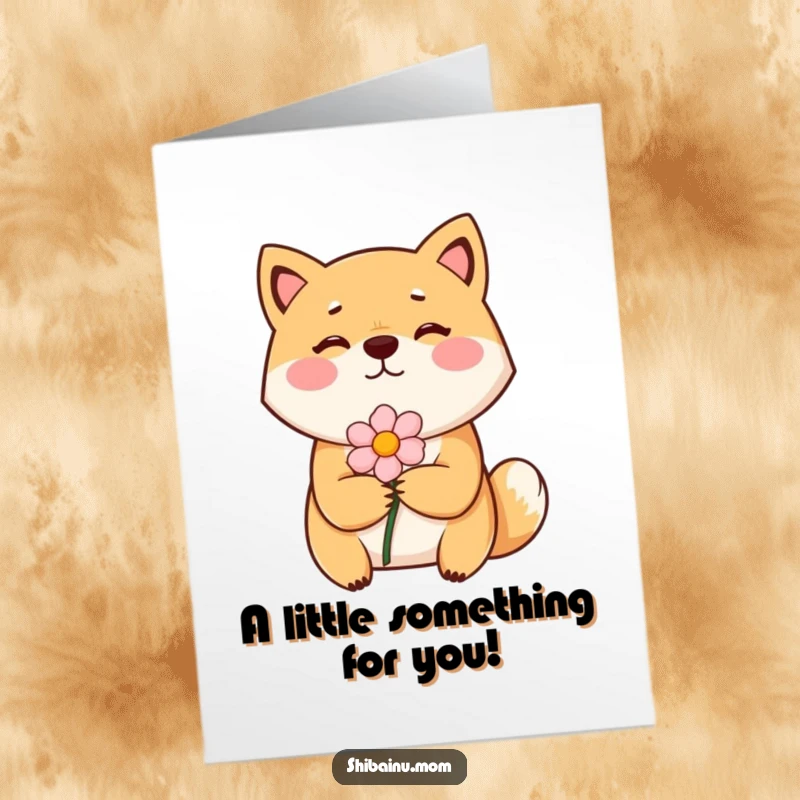 Funny Free Printable Bashful Shiba Inu Congratulations Card, a shy dog with rosy cheeks handing a flower, celebrating success, printable dog card.