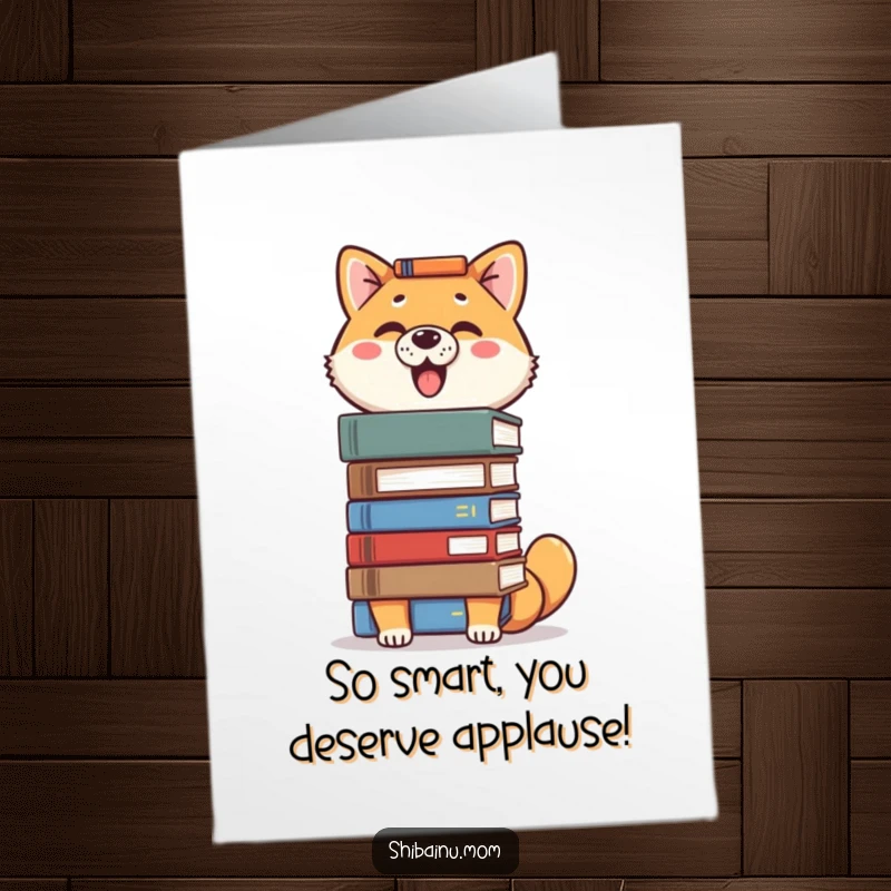 Funny Free Printable Proud Shiba Inu Congratulations Card, a dog balancing a stack of books, celebrating intelligence, printable dog card.